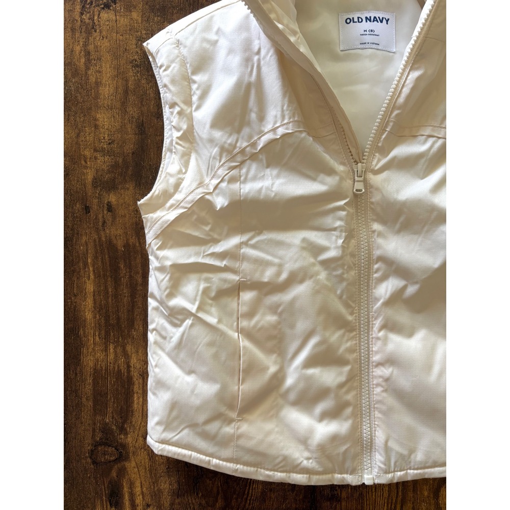 Old Navy Girls Cream Water Resistant Puffer Vest Size M 8 Full Zip Off White - Picture 3 of 5